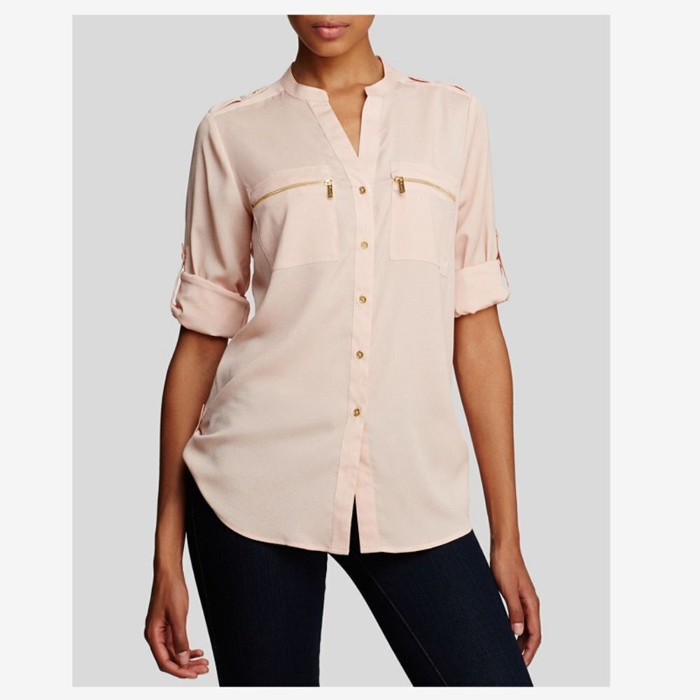 Calvin Klein Pink Zip-Pocket Roll Sleeve Blouse Size M
